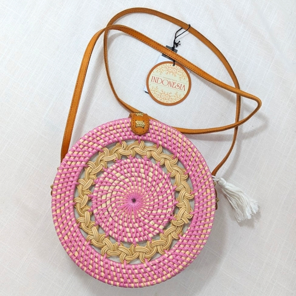 Indonesian Woven 8" Round Rattan Bag Bali Balinese Boho Crossbody, Leather Strap